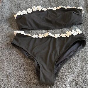 Zaful Black Bikini with White Floral Trim